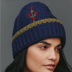 NWT Damson Madder Floral Stitch Cable-Knit Wool Beanie